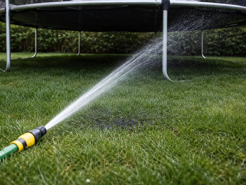 Jet d’eau dirigé sous un trampoline, pelouse humide sans être détrempée dans une zone ombragée.