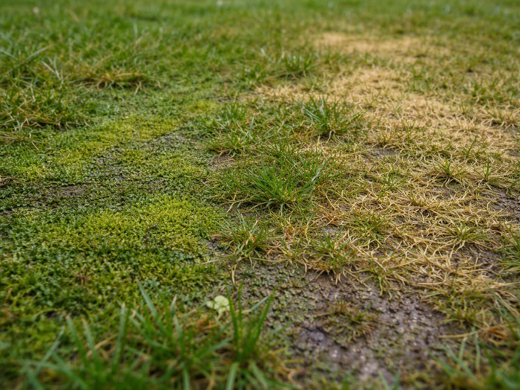 Gazon d’ombre avec plaques verdâtres de mousse/algues et zones jaunies irrégulières après humidité.