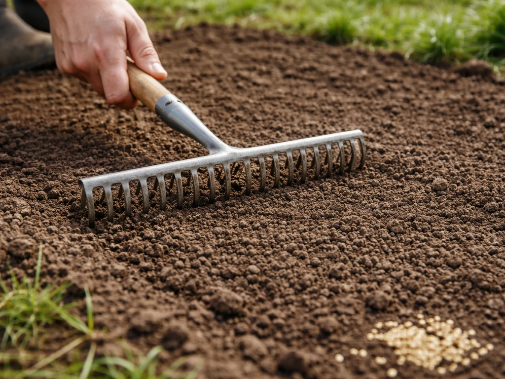 Main râtissant la terre en surface pour préparer un lit de semences, quelques graines visibles au bord.