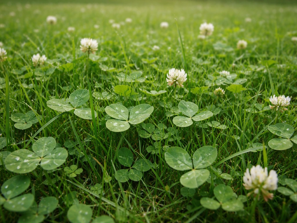 Gros plan d’un gazon avec trèfle blanc, rosée et absence d’apports visibles, ambiance naturelle.