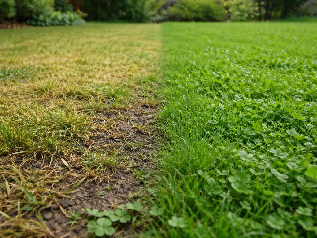 Comparaison sur un gazon : zone jaunie humide à gauche et partie plus verte à droite.