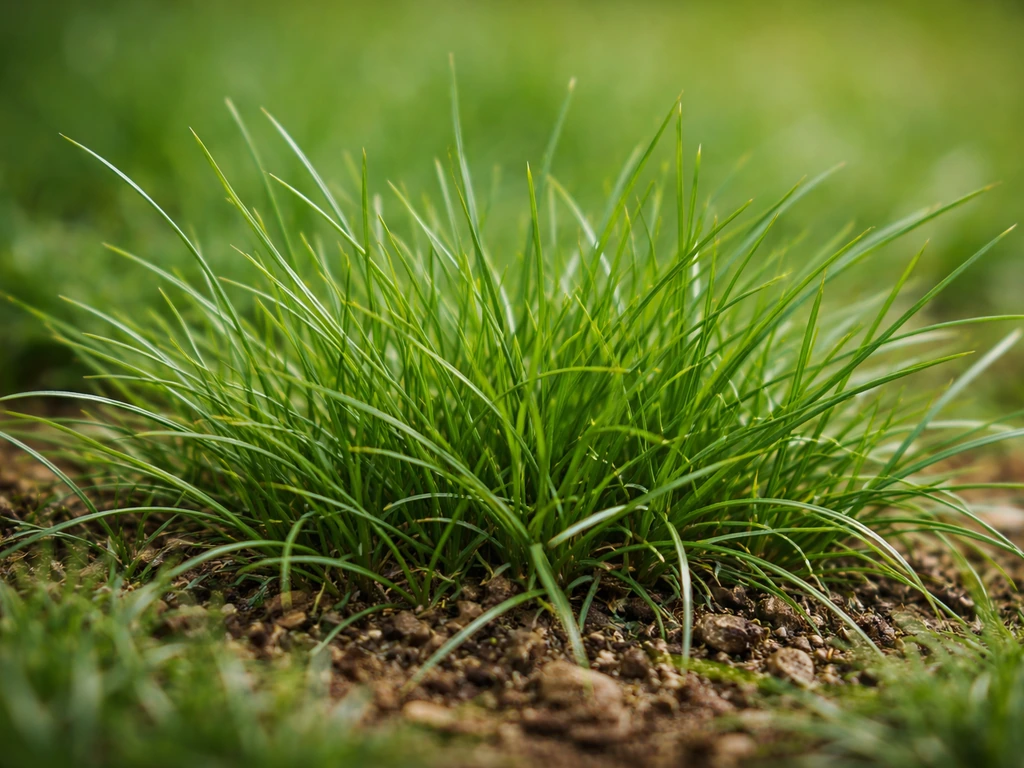 Gros plan de brins de gazon fins et denses, aspect typique de Zoysia tenuifolia au sol.