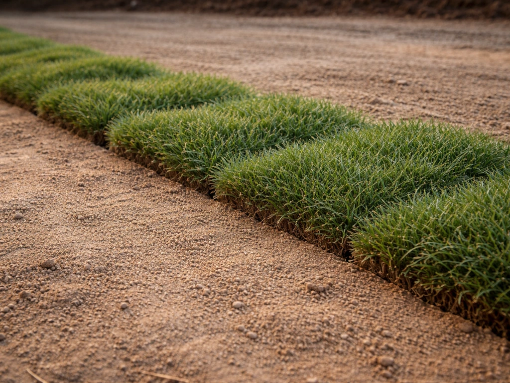 Pose de rouleaux de Zoysia tenuifolia sur une surface préparée, jonctions visibles entre les plaques.