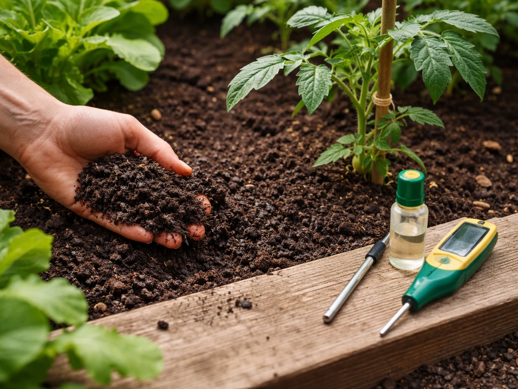 Potager avec compost mûr et un kit de mesure du pH posé sur une planche au sol, lumière naturelle.