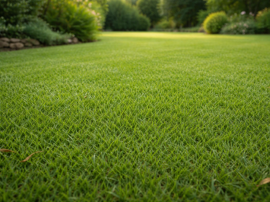 Gazon vert dense des Mascareignes vu en perspective dans un jardin, texture fine et rendu naturel en été.