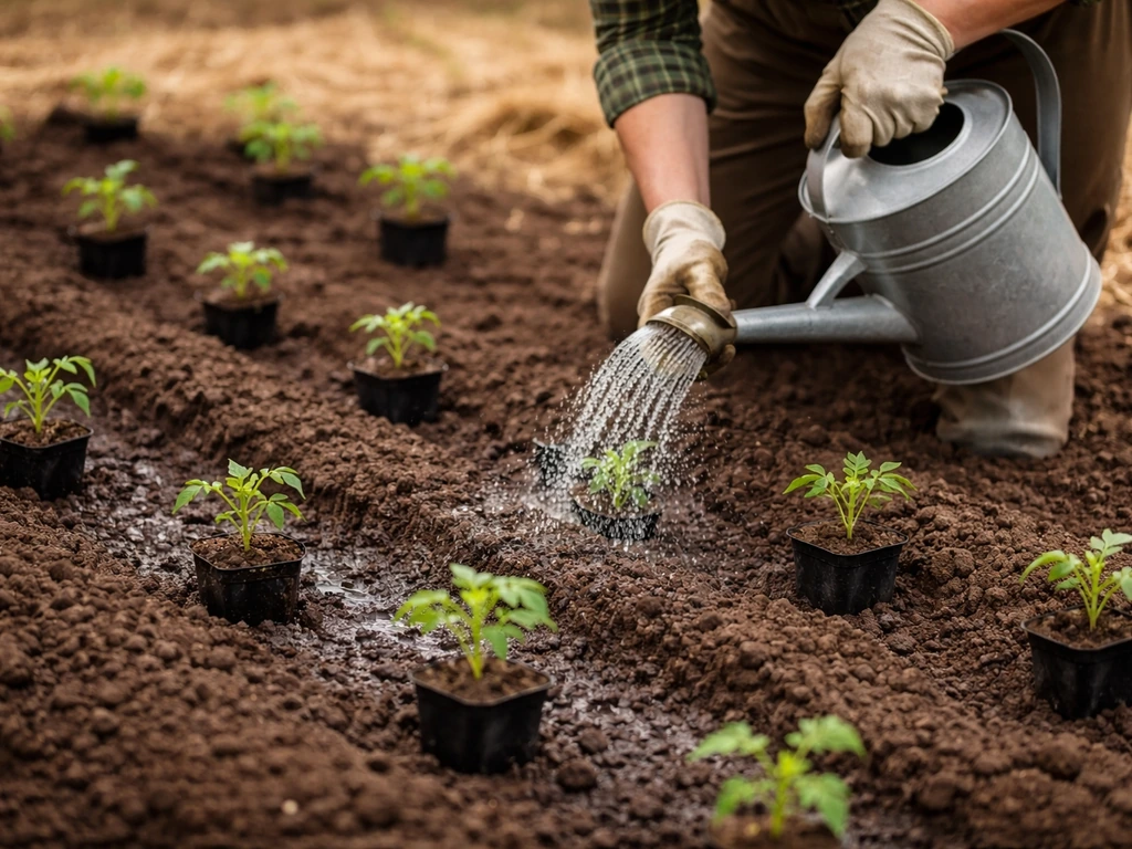 Plantation de godets en lignes au printemps avec arrosoir et arrosage de démarrage visible.