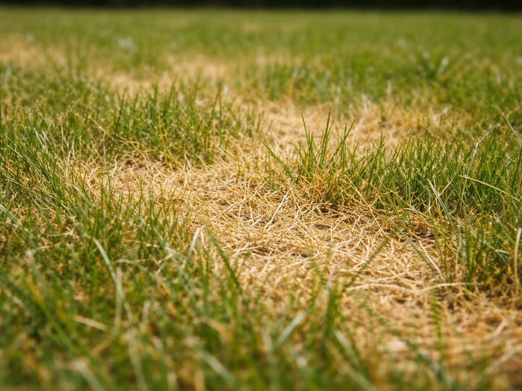 Gros plan d’une pelouse d’été jaunie, zones pâles et brins d’herbe secs indiquant un manque d’eau.