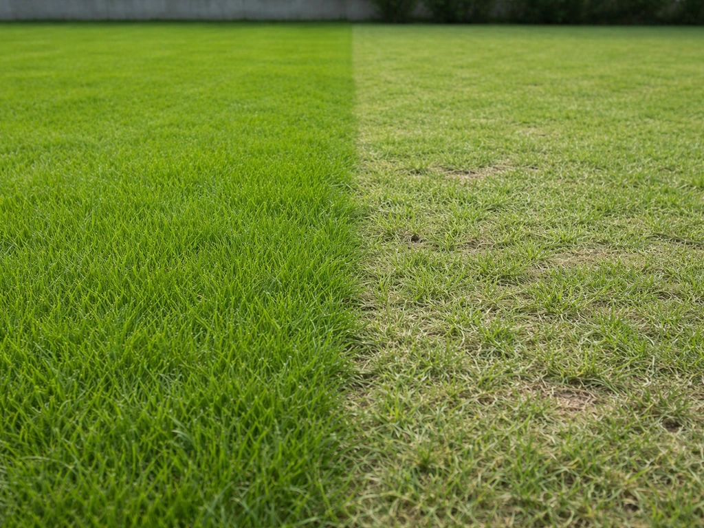 Deux pelouses côte à côte : ray-grass très vert et dense à gauche, graminée plus tolérante plus sèche à droite.