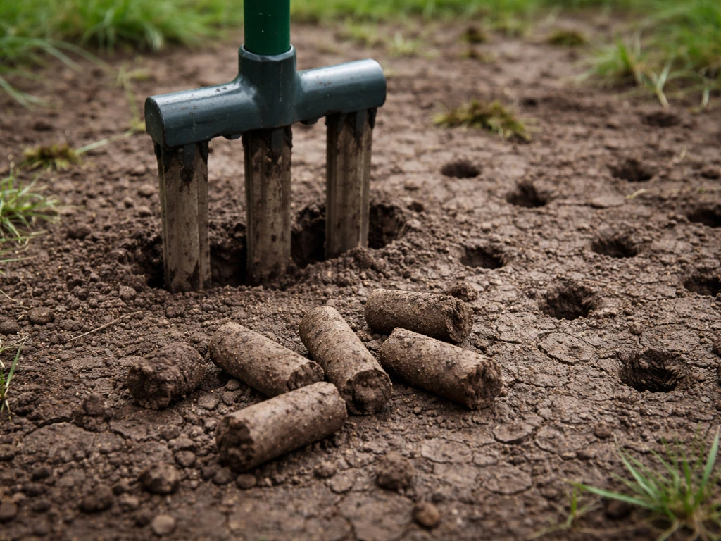 Godet/outil d’aération dans un sol argileux compacté, montrant des carottes pour relancer la respiration des racines.