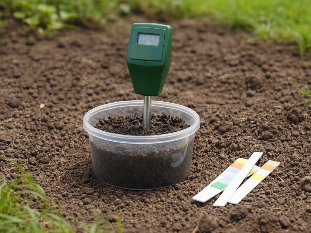 Test de pH du sol avec pH-mètre et échantillon de terre dans un petit pot de jardin