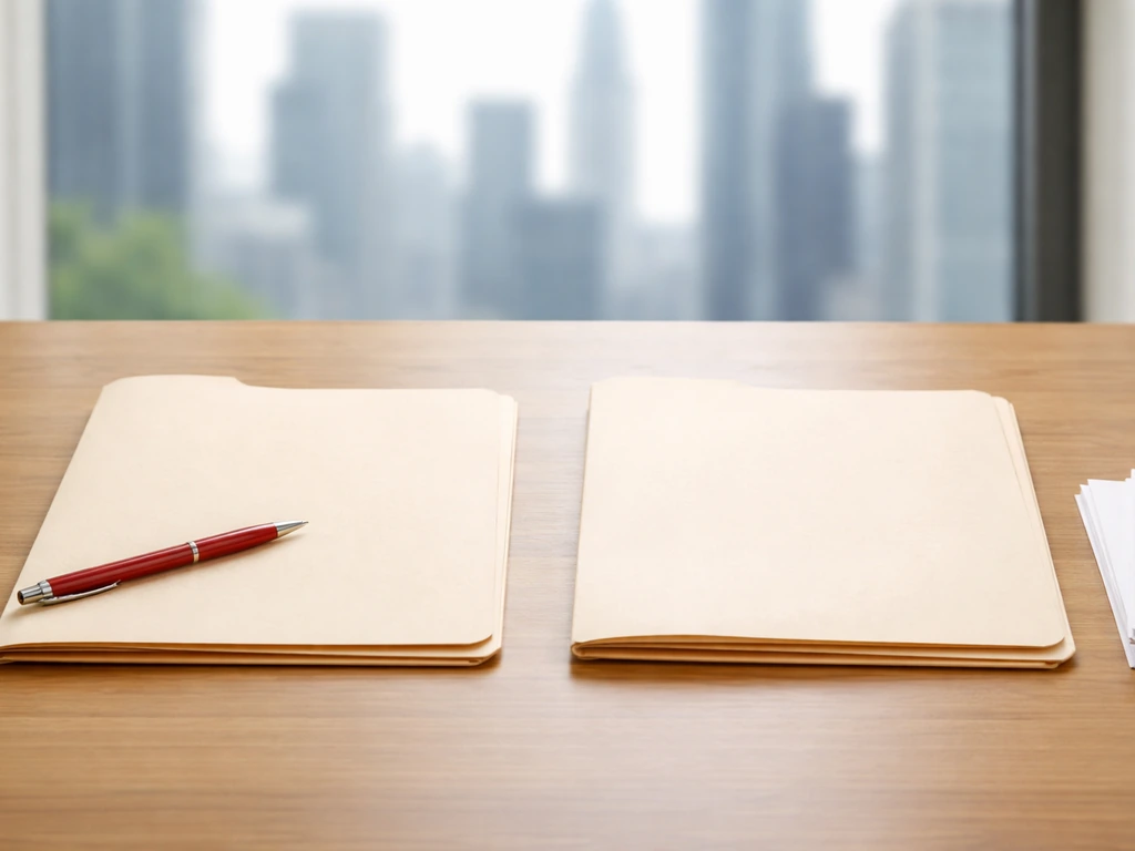 Minimal comparison scene with two neutral business folders on a desk, suggesting verifying the correct person