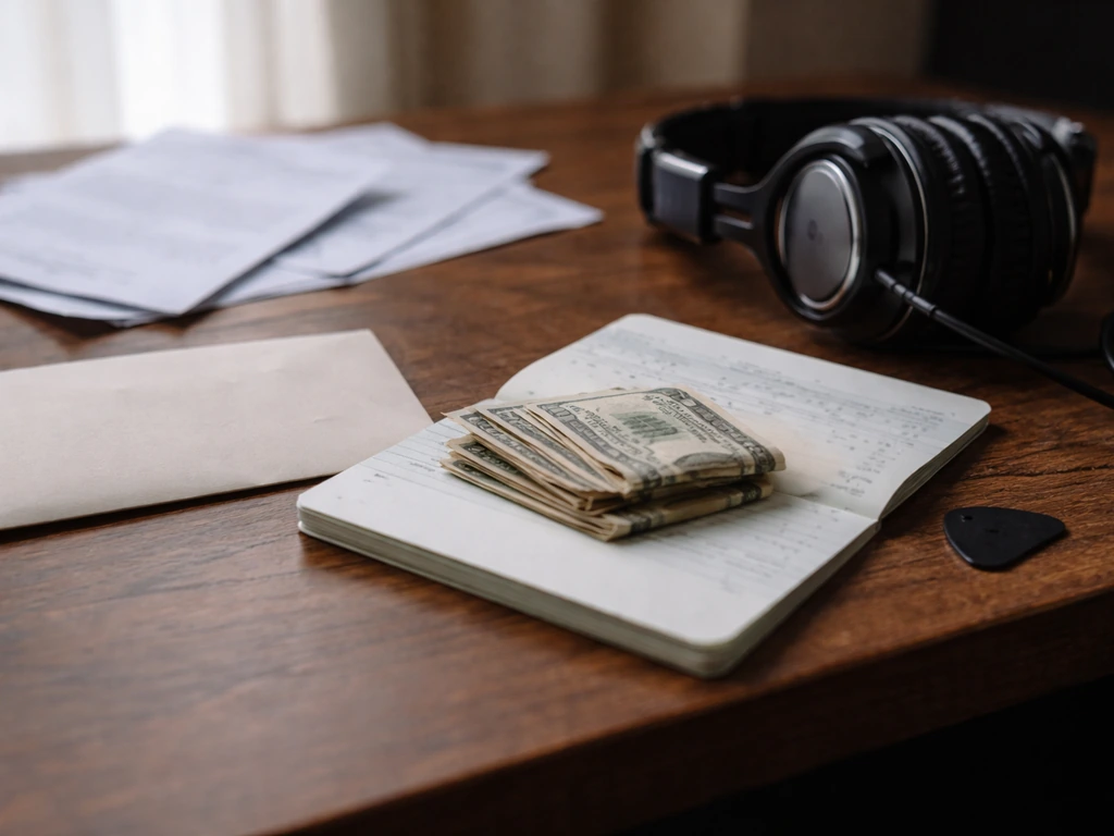 Musician home-studio desk with cash and bills suggesting assets versus liabilities.