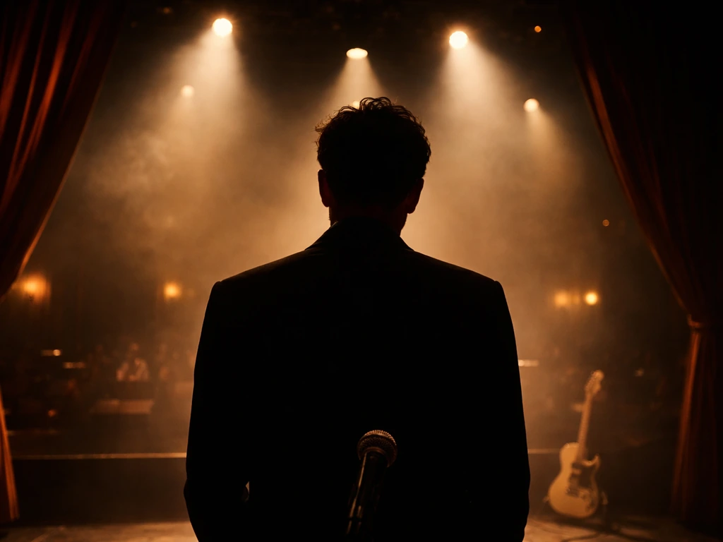 Anonymous stage performer under warm Las Vegas theater spotlights with a handheld microphone