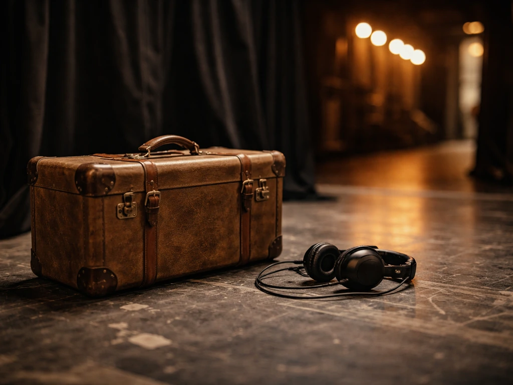 Backstage suitcase and headphones on a wooden stage floor with warm, blurred venue lights behind.