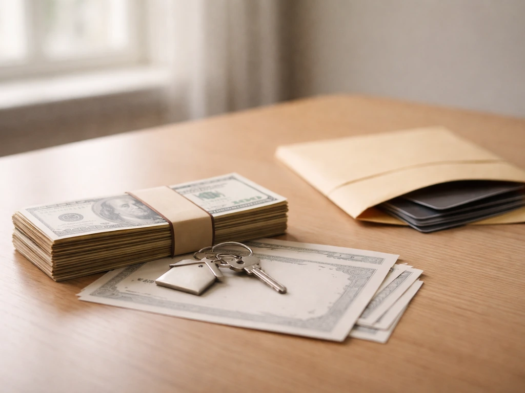 Close-up scene symbolizing net worth: cash and house-like items beside a loan-like envelope, concept of assets minus lia