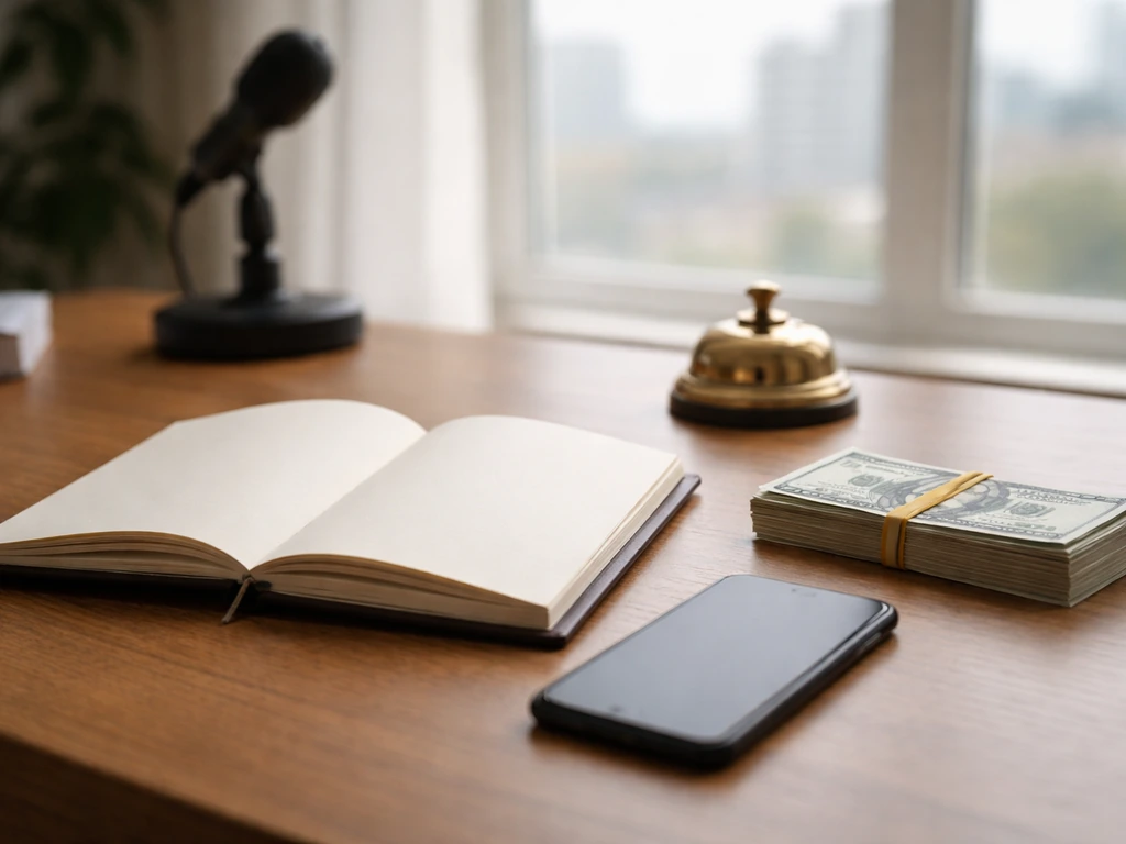 Minimal desk scene with blank notebook, phone, microphone, and wrapped cash symbolizing wealth trend.