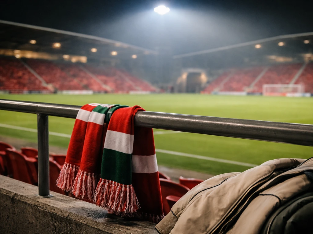Wrexham AFC stadium at dusk with a scarf draped near the rail and red seats in soft focus.