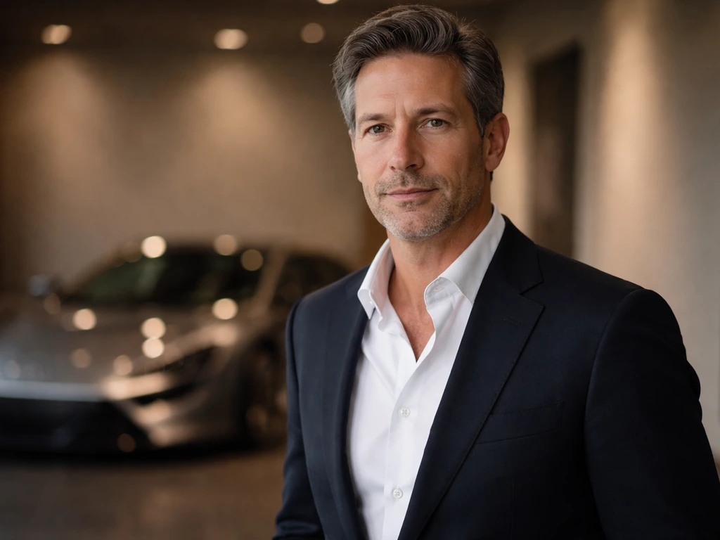 Close-up of a man in a suit in a quiet car showroom, natural light, hands resting, focused expression.