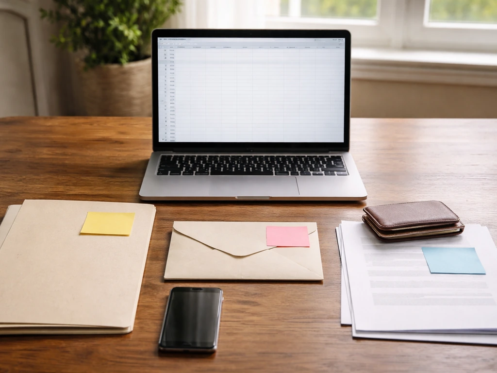 Desk with open laptop and three blank document items suggesting business valuation, income, and investments.