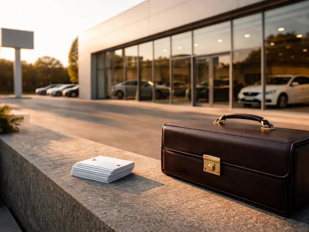 Sunlit view of a modern car dealership building with a reflective money-like sheen