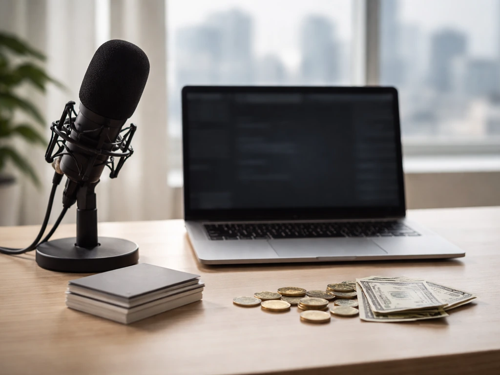Minimal desk scene with a laptop, microphone, and cash-like props symbolizing income streams for a net worth estimate.