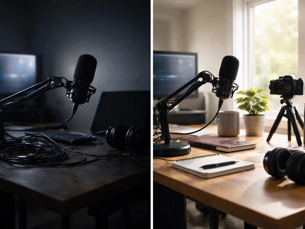 Minimal split studio desk: dim risk mood on left, bright opportunity mood with media gear on right.