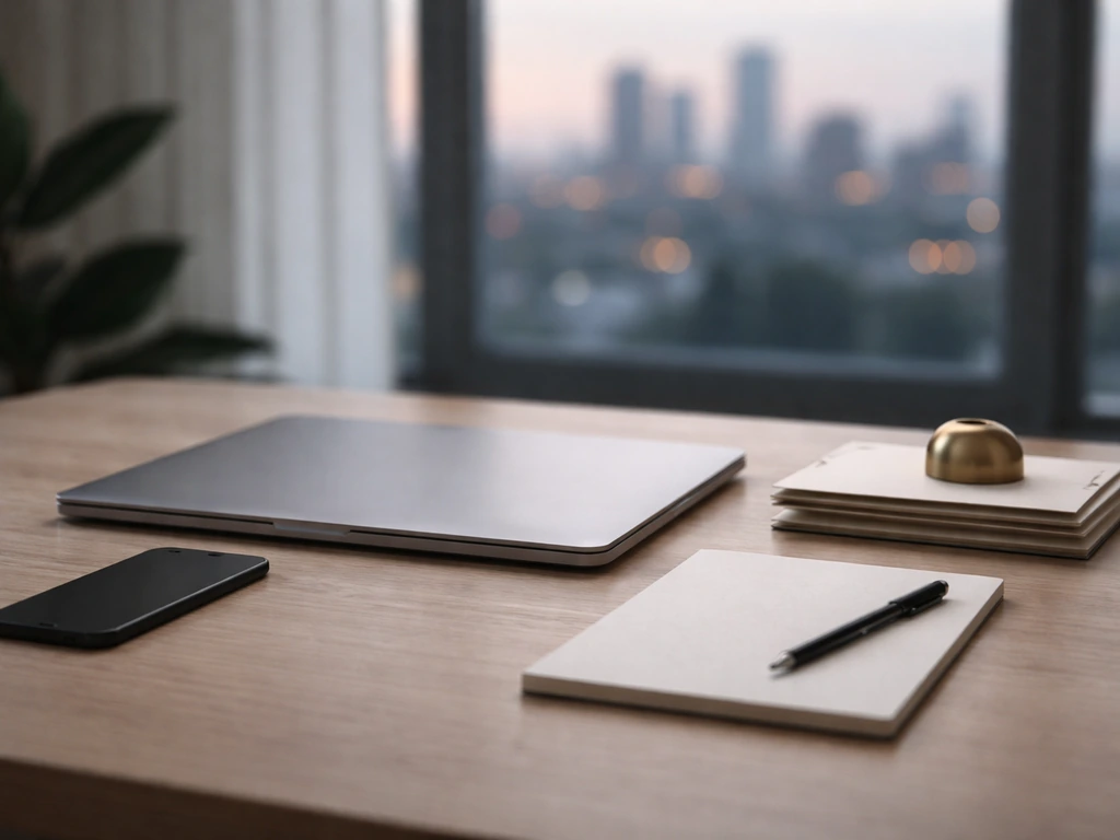 Minimal desk with laptop and smartphone near a city window, symbolizing changing wealth estimates.