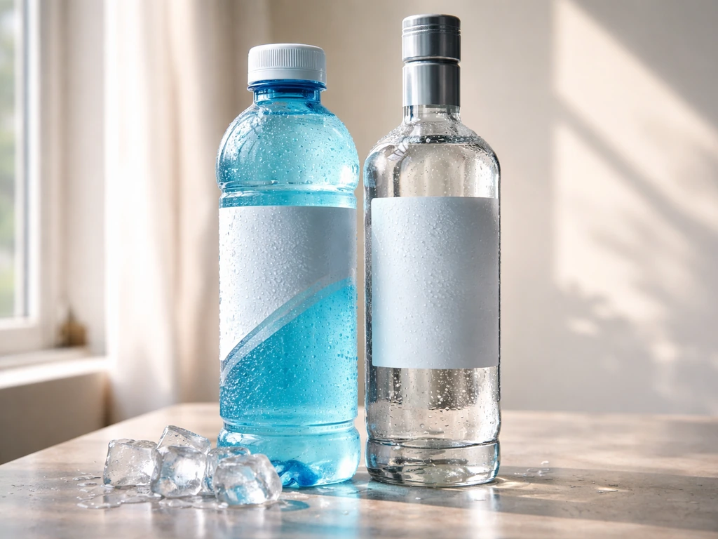 Close-up of condensation bottles on a table with ice cubes, suggesting drink sponsorship endorsements.