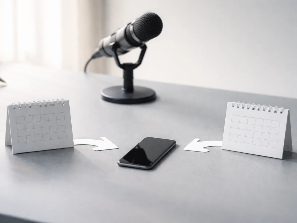Minimal desk scene with microphone and two calendar cards with arrows suggesting shifting 2026 outcomes.