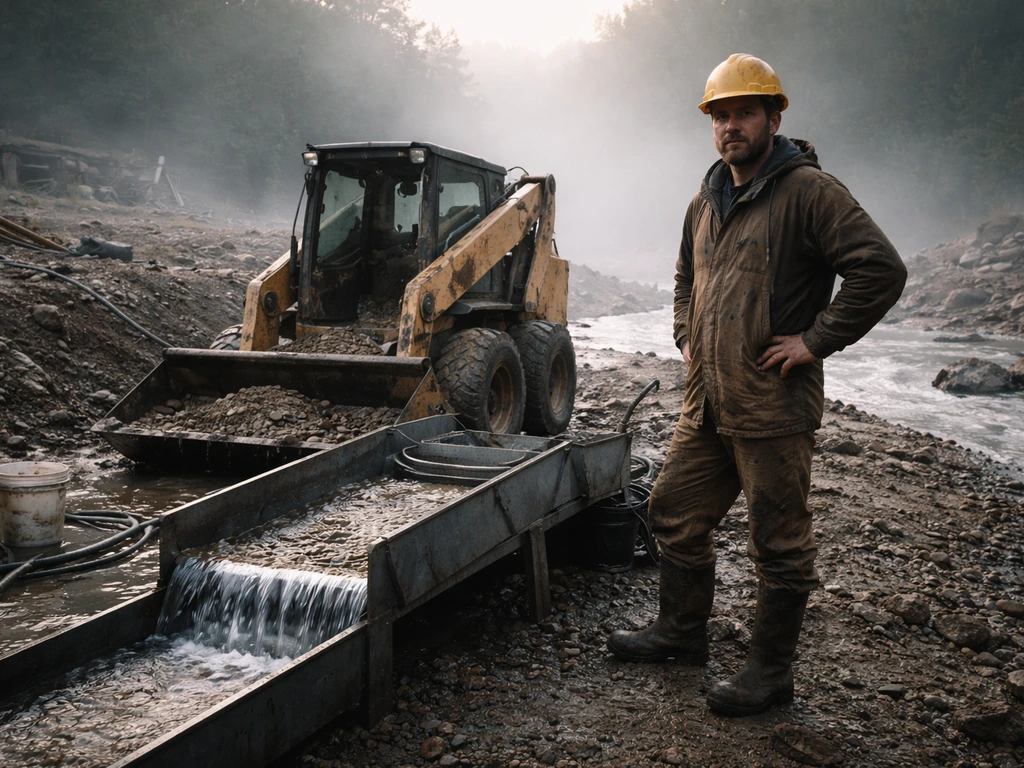 Miner in a hard hat at an active gold-mining site beside sluice equipment and a skid-steer.