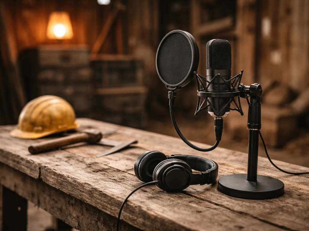 Gold Rush themed podcast microphone and mining gear in a quiet industrial studio, no people visible.