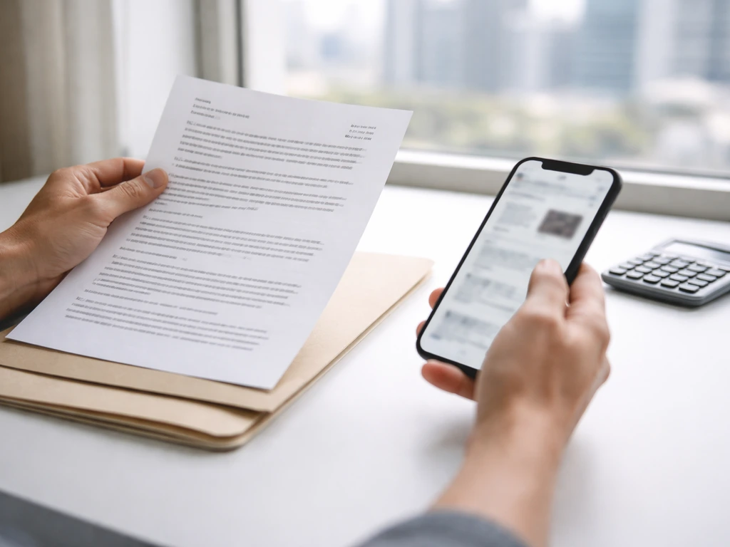 Person’s hands comparing papers and phone notes about corporate records and update dates in a quiet office.