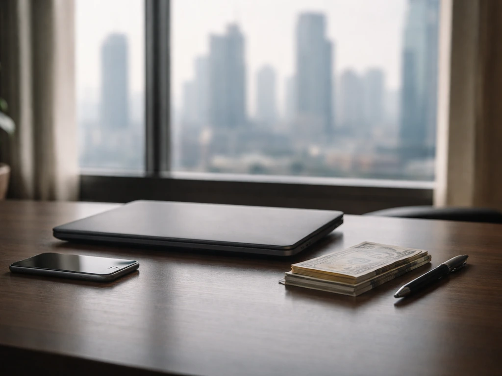 Minimal office desk scene with a small stack of cash-like props and a smartphone, suggesting net worth breakdown