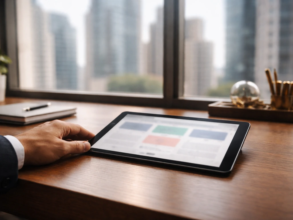Minimal office desk with a tablet showing blurred transaction tiles and a skyline view suggesting high real estate volum