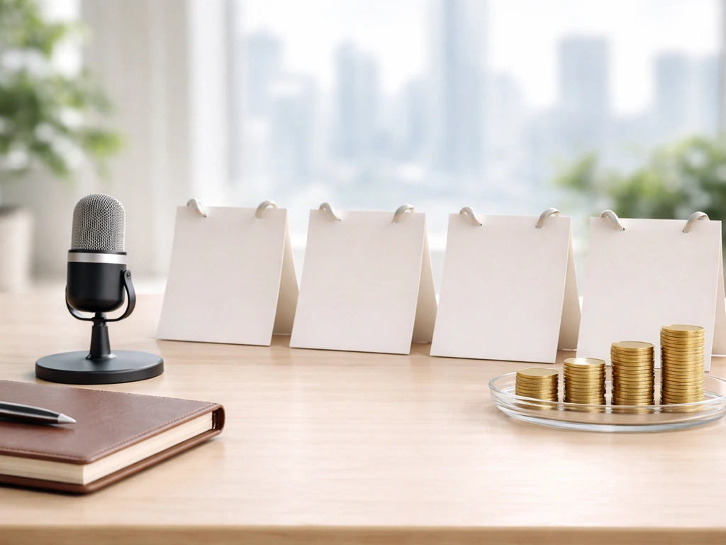 Minimal desk scene with a calendar and rising golden coins symbolizing growing wealth over 2023–2026