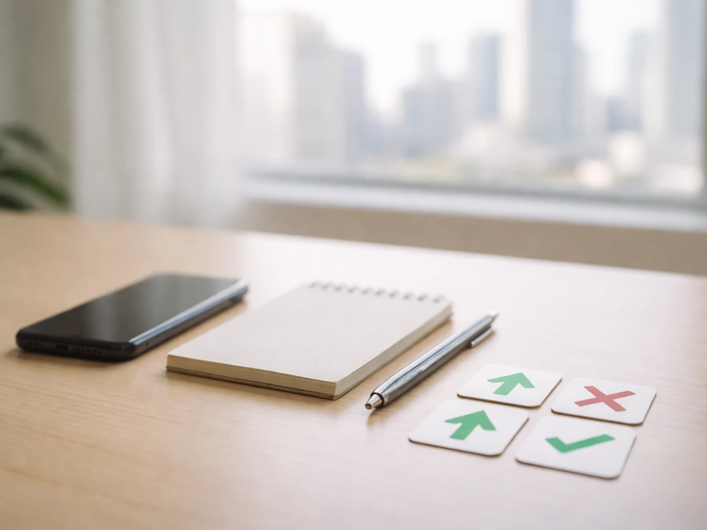 Minimal desk scene with a smartphone and notepad showing upside and downside indicators with icons only.