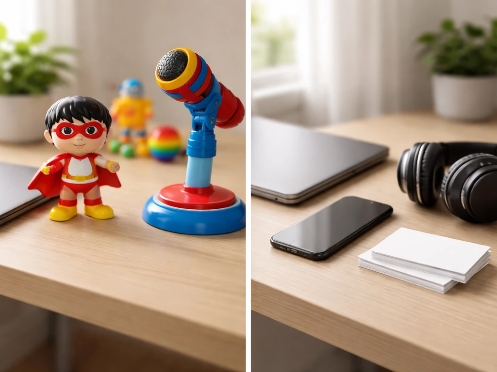 Two minimal desk scenes—playful toy media setup vs sleek business setup—to suggest different Ryan brands.