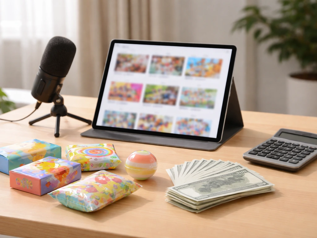 Minimal creator workspace with microphone, blurred tablet, toy packaging, and fanned cash on a desk.