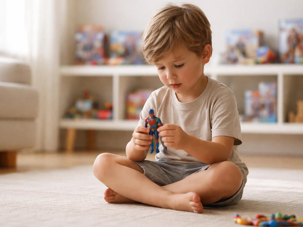 Child in a cozy living room with a toy playset, colorful toys on a shelf behind them