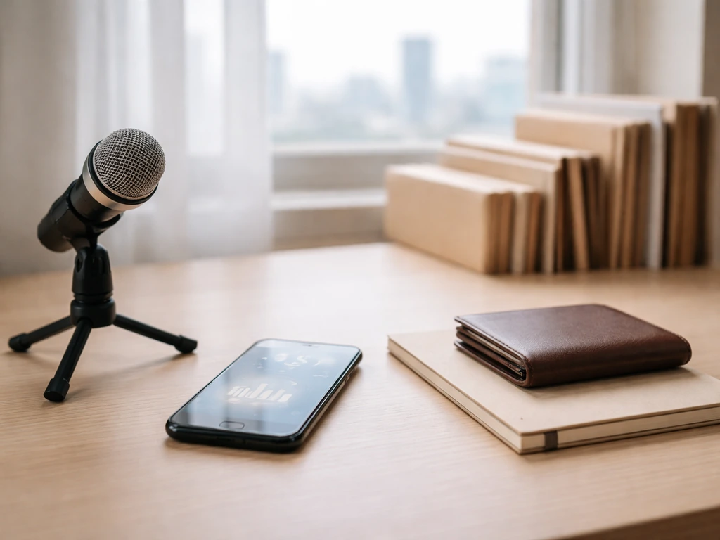 Minimal office desk with a microphone and a smartphone displaying blurred finance symbols, suggesting net worth trend.