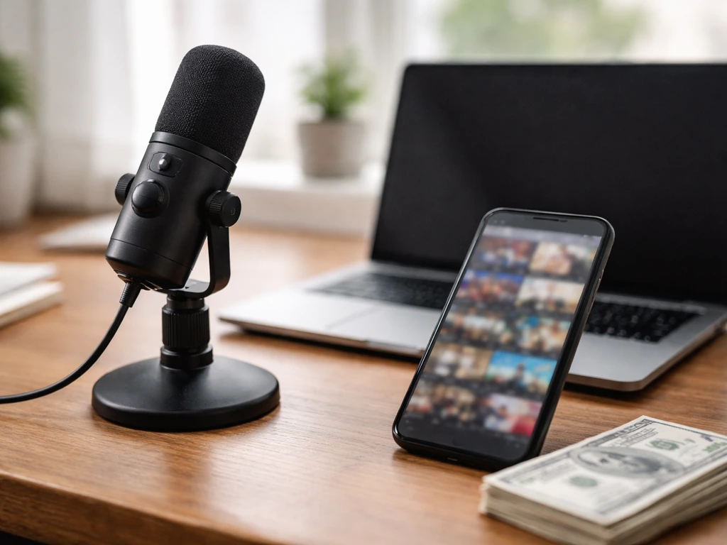Close-up of a small creator studio desk with a microphone and blurred video thumbnails, suggesting YouTube ad revenue.