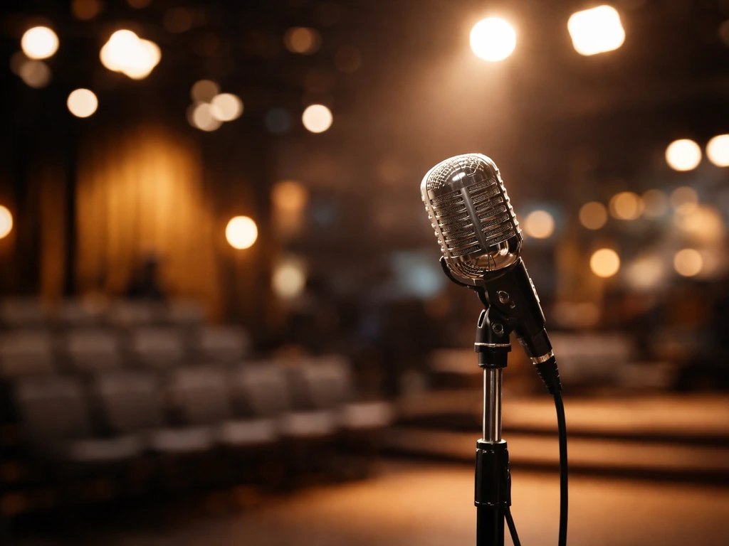 Vintage TV studio microphone with soft lights, symbolizing wealth tied to a long-running comedy show.