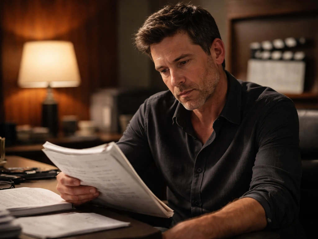 Anonymous actor in a cozy TV drama set holding a script, with warm cinematic lighting suggesting post-Raymond era