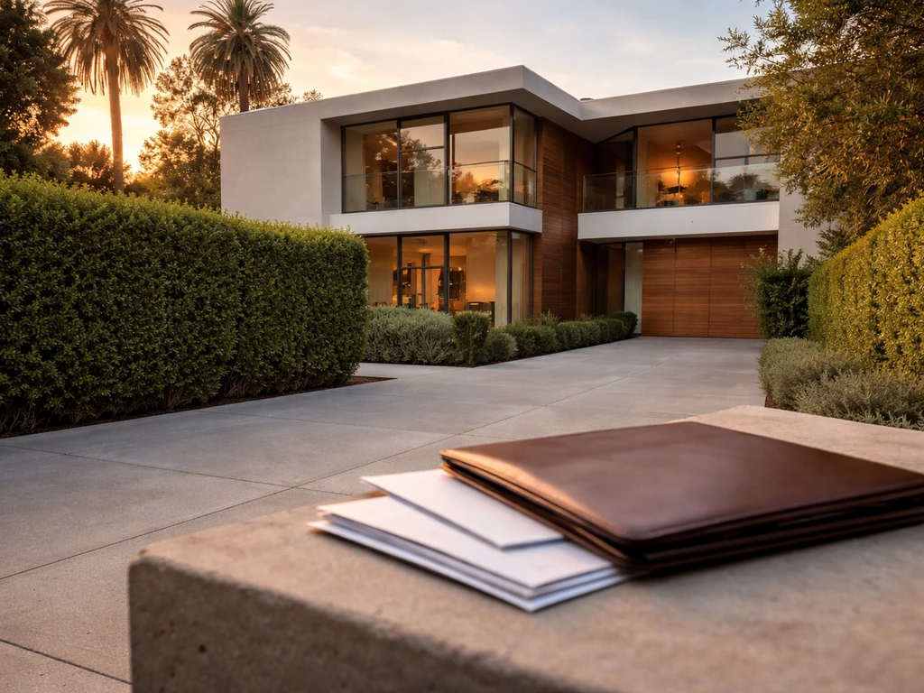 Luxury modern Los Angeles home exterior with a subtle leather portfolio in the foreground, no people.