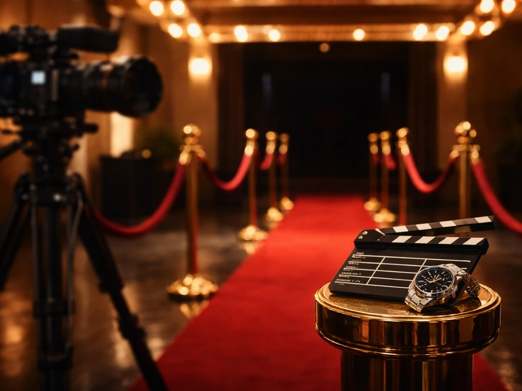Warm movie premiere red carpet with film equipment and a luxury accessory symbolizing high-profile earnings.