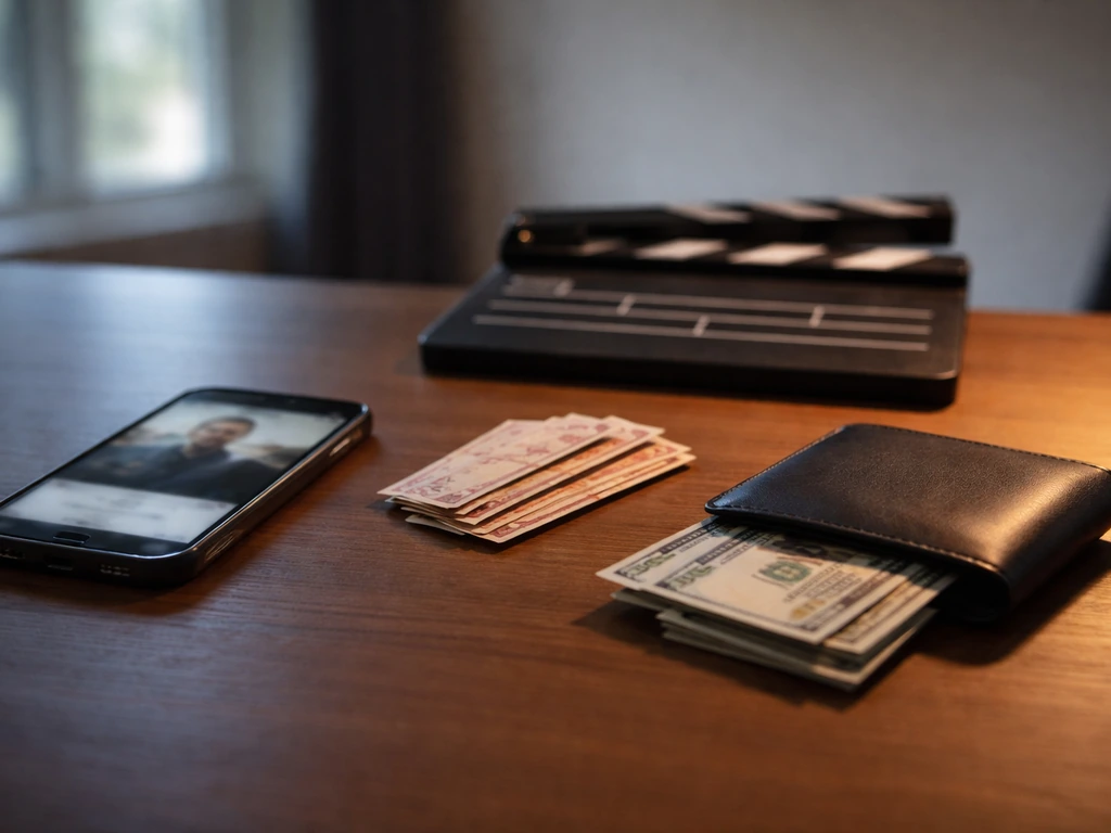 Minimal photo showing a smartphone, studio clapperboard, and scattered movie tickets beside cash, symbolizing wealth gro