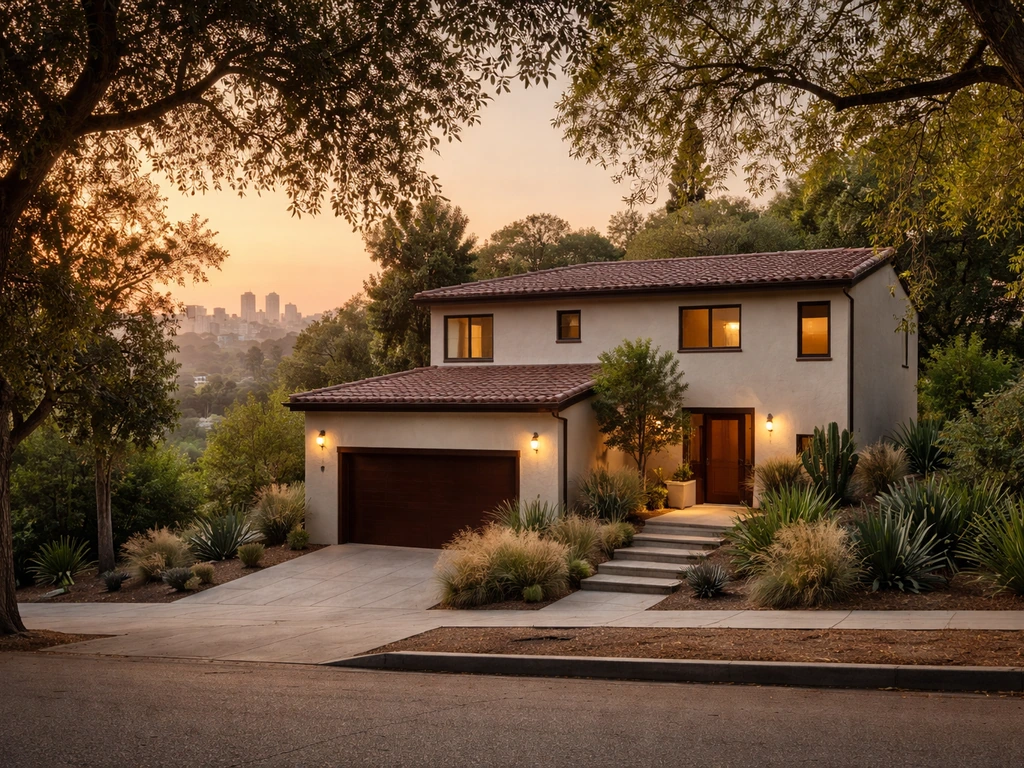 Upscale hillside home exterior at golden hour with a subtle city skyline view, no people.