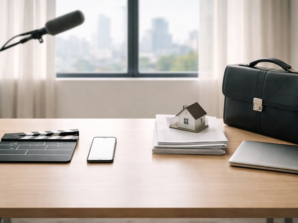 Minimal desk photo showing film clapperboard and business/real-estate items separated left and right.