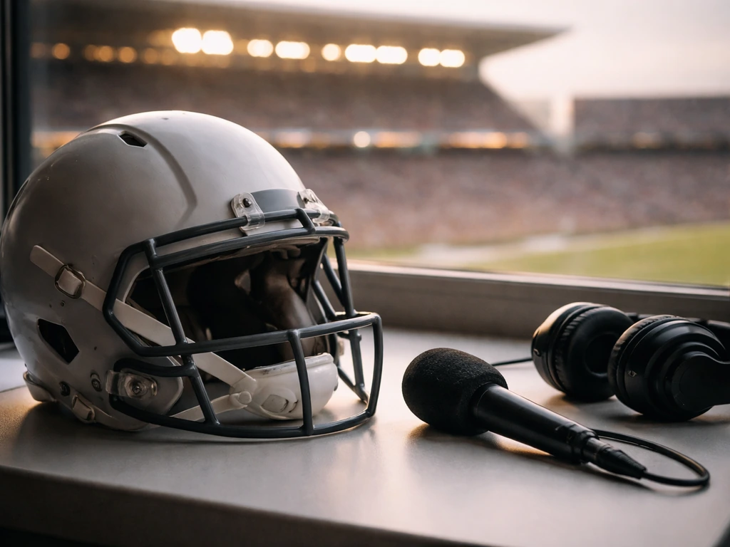 Football helmet on a desk with microphone and headphones, stadium lights blurred in the background.