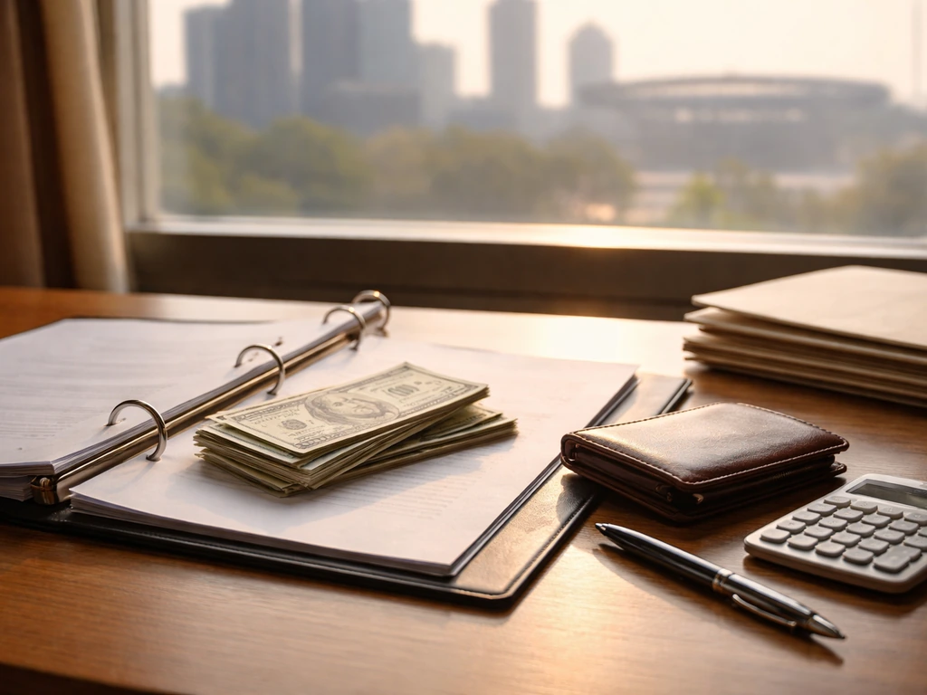 Close-up of an anonymous NFL contract binder and calculator on a desk with a blurred city skyline